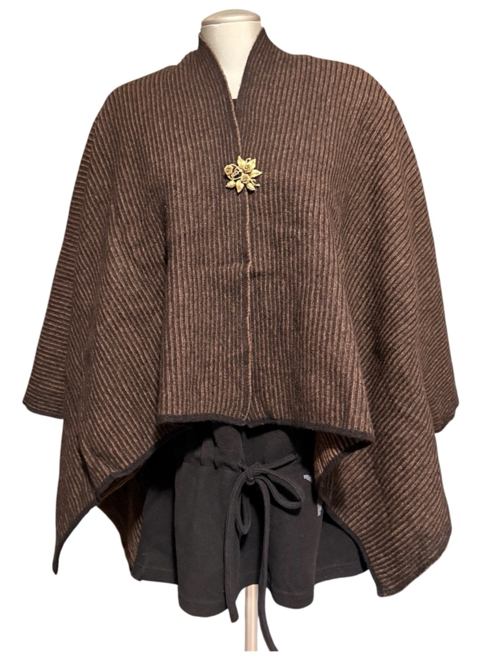 Maria Paola Calugi Ribbed Brown Knit Wrap Poncho Italy